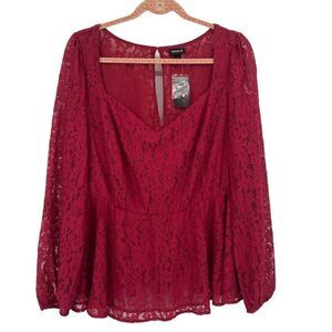 Torrid Peplum Lace Puff Sleeve‎ Top Rhubarb Red 1X NWT